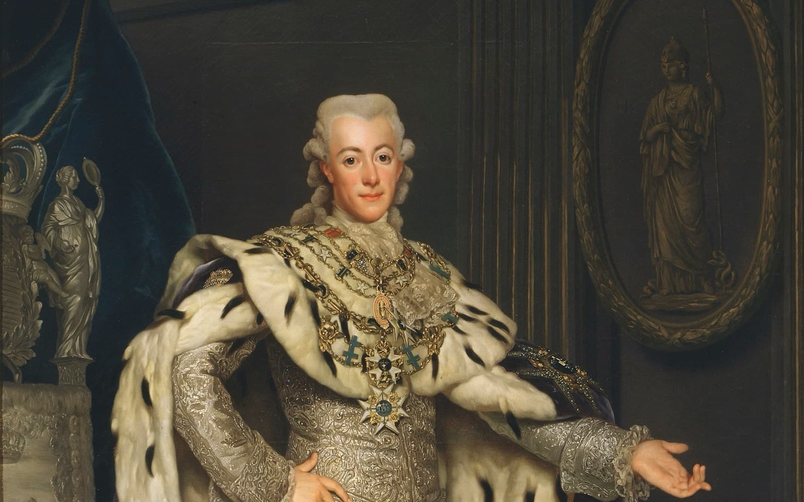 Porträtt av kung Gustav III i kröningsmantel med hermelin