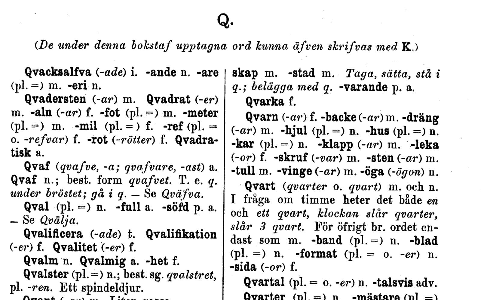 Sida ur en gammal ordlista med rubriken Q och ord som Qvacksalfva, Qvadrat, Qval och Qvarn i två spalter.