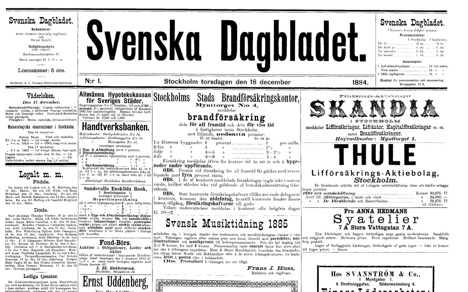 Förstasidan av Svenska Dagbladets första nummer från 1884, med tät text och annonser i gammal stavning.
