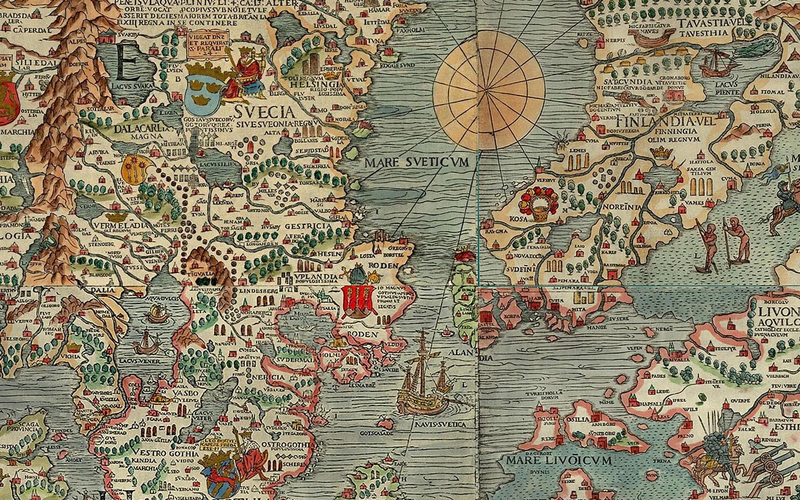 Färgglad gammal karta över Sverige och Östersjön med små bilder av städer, skepp och vapen, och texten SVECIA.