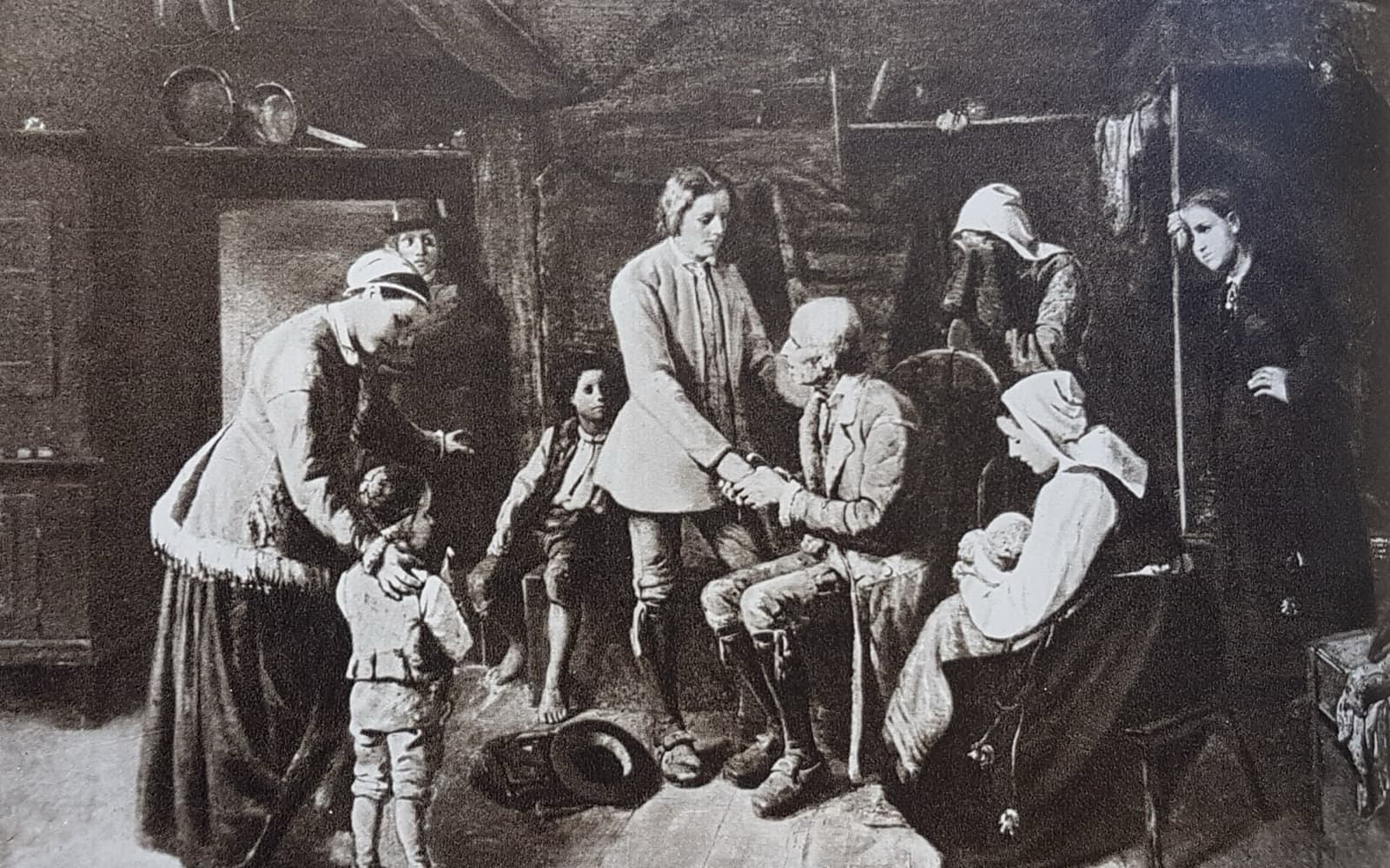 Målning av en familj i en enkel stuga som tar farväl av en ung man som ska emigrera