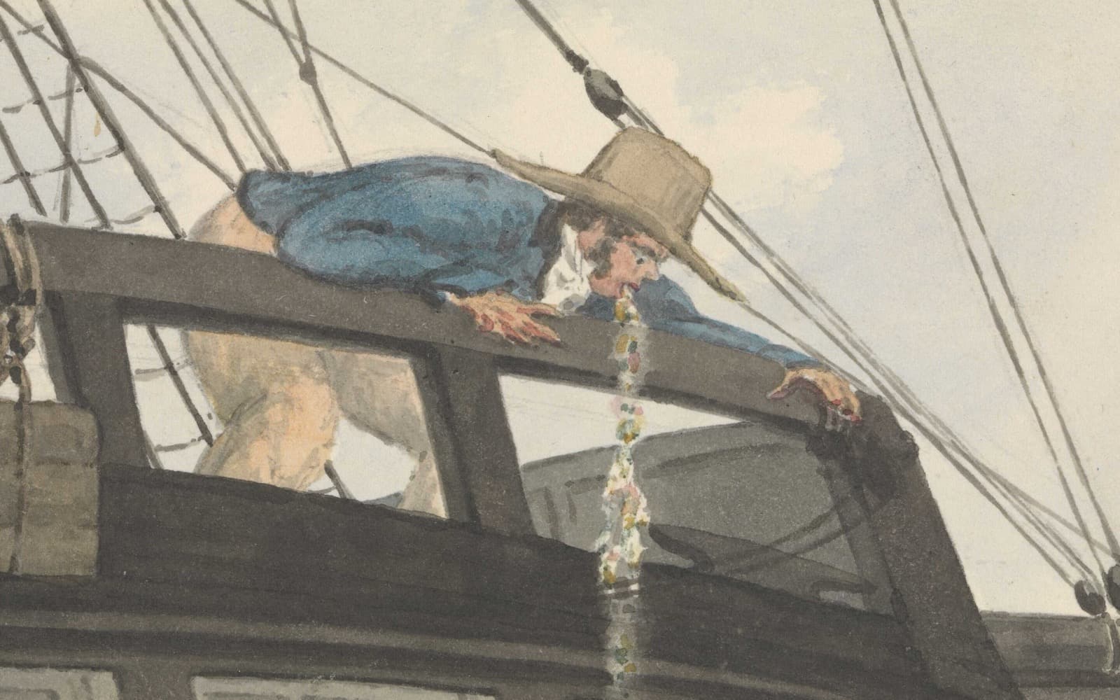 Akvarell från 1820 av en sjösjuk man i blå rock och halmhatt som hänger över relingen på ett segelfartyg.