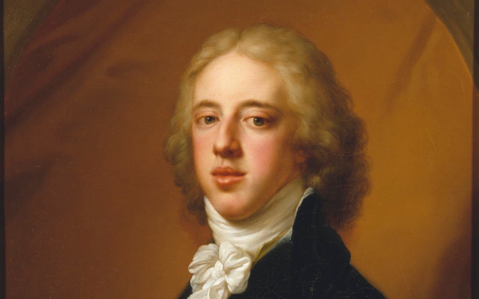 Målat porträtt av en ung Gustav IV Adolf med ljust lockigt hår, vit halsduk och mörk rock.