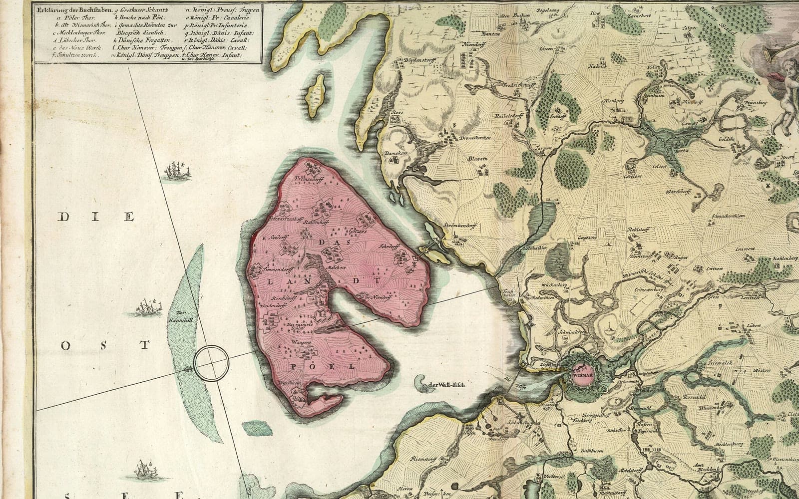 Gammal handkolorerad karta över Wismar och ön Poel, med kustlinje, vägar och små ortsnamn.