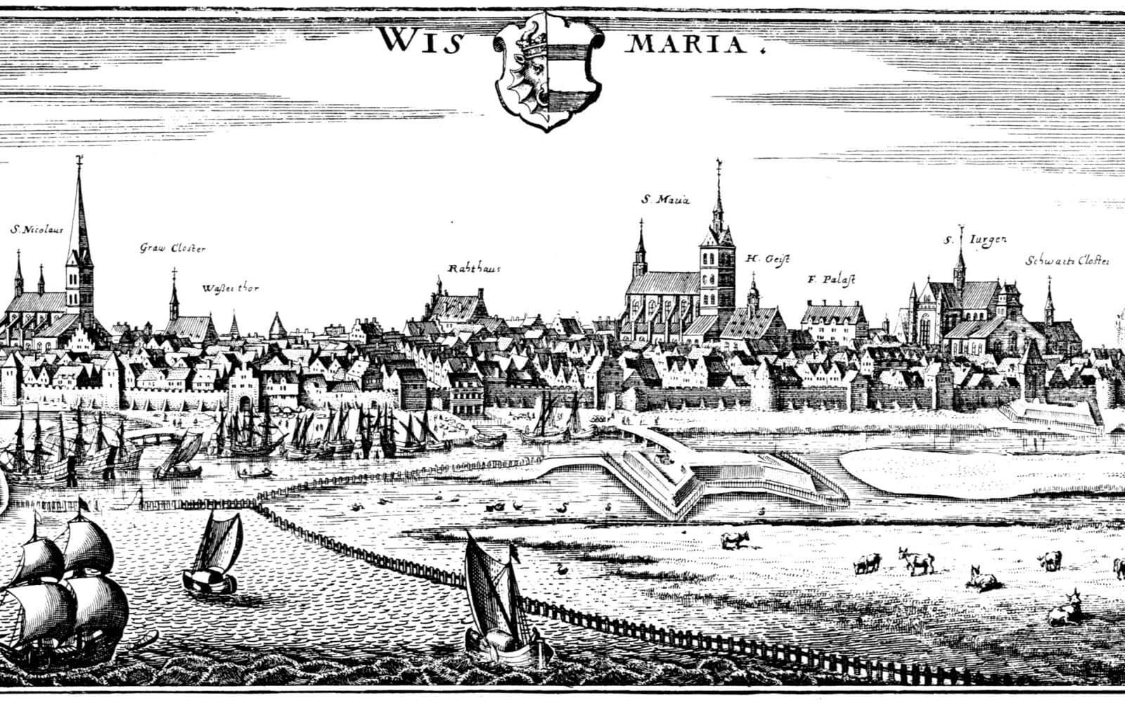 Gammalt kopparstick av Wismar sett från vattnet, med kyrktorn, stadsmur och segelfartyg i förgrunden.